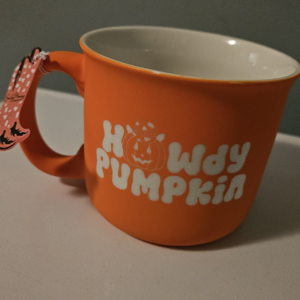 Howdy Pumpkin SOFT TOUCH Mug Orange Halloween Spooky Cowgirl NWT